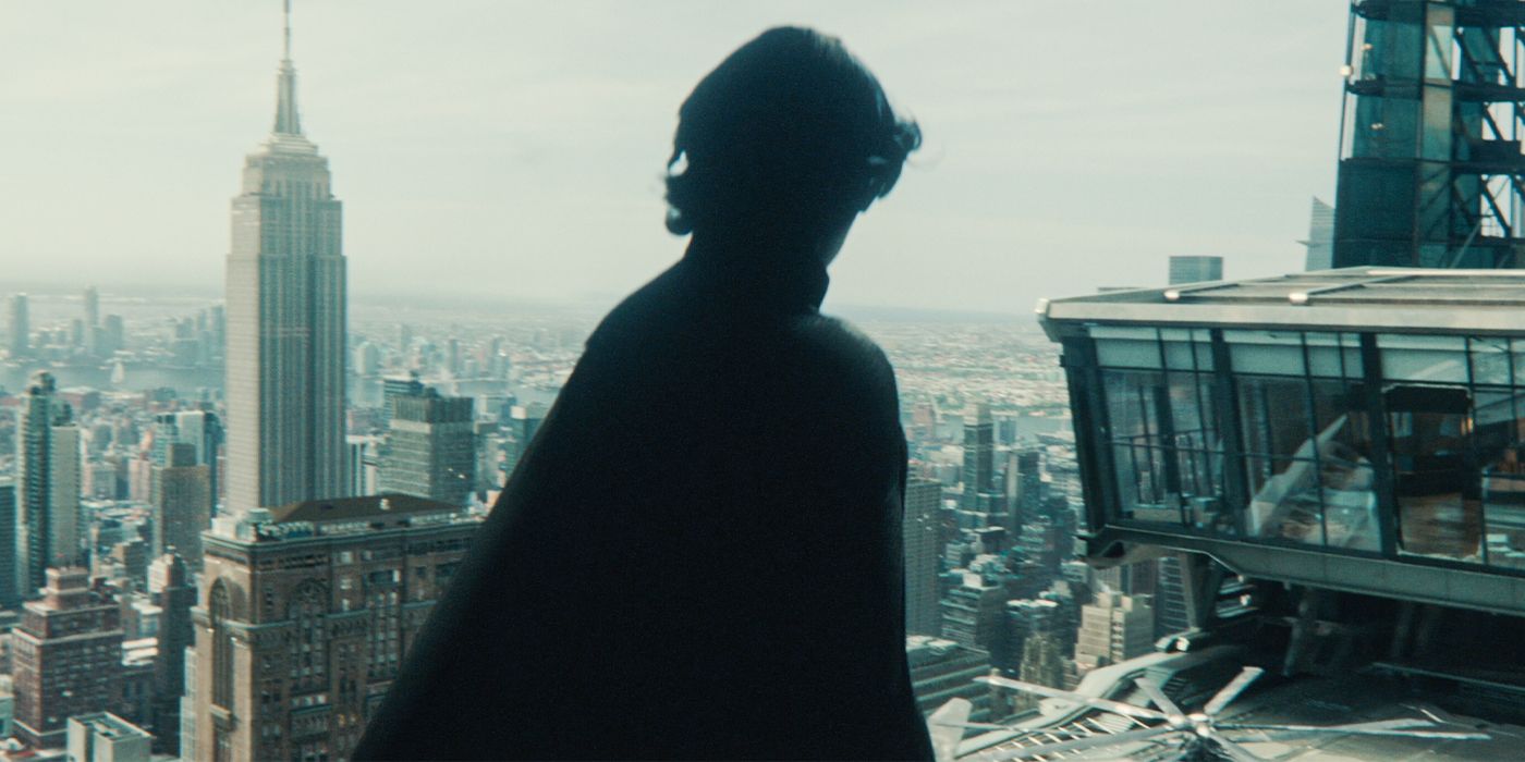 Lewis Pullman's Sentry in Thunderbolts looking out at a city with his back to the camera.