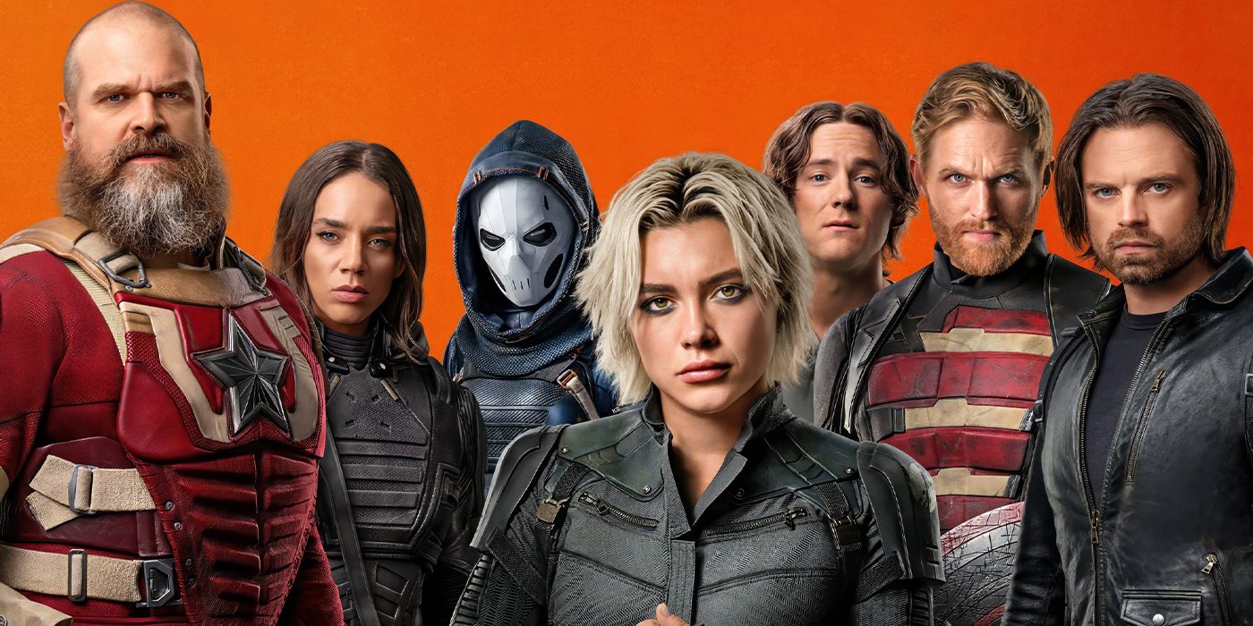 The cast of Thunderbolts*, which includes David Harbour,?Hannah John-Kamen, Olga Kurylenko, Florence Pugh, Lewis Pullman, Wyatt Russell, and Sebastian Stan