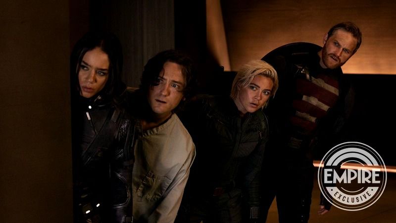 Ghost, Bob, Yelena, and John Walker looking around a corner in Thunderbolts*