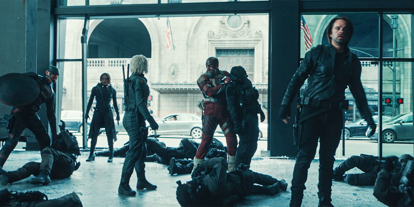 Wyatt Russell, Hannah John-Kamen, Florence Pugh, David Harbour, and Sebastian Stan in Thunderbolts.