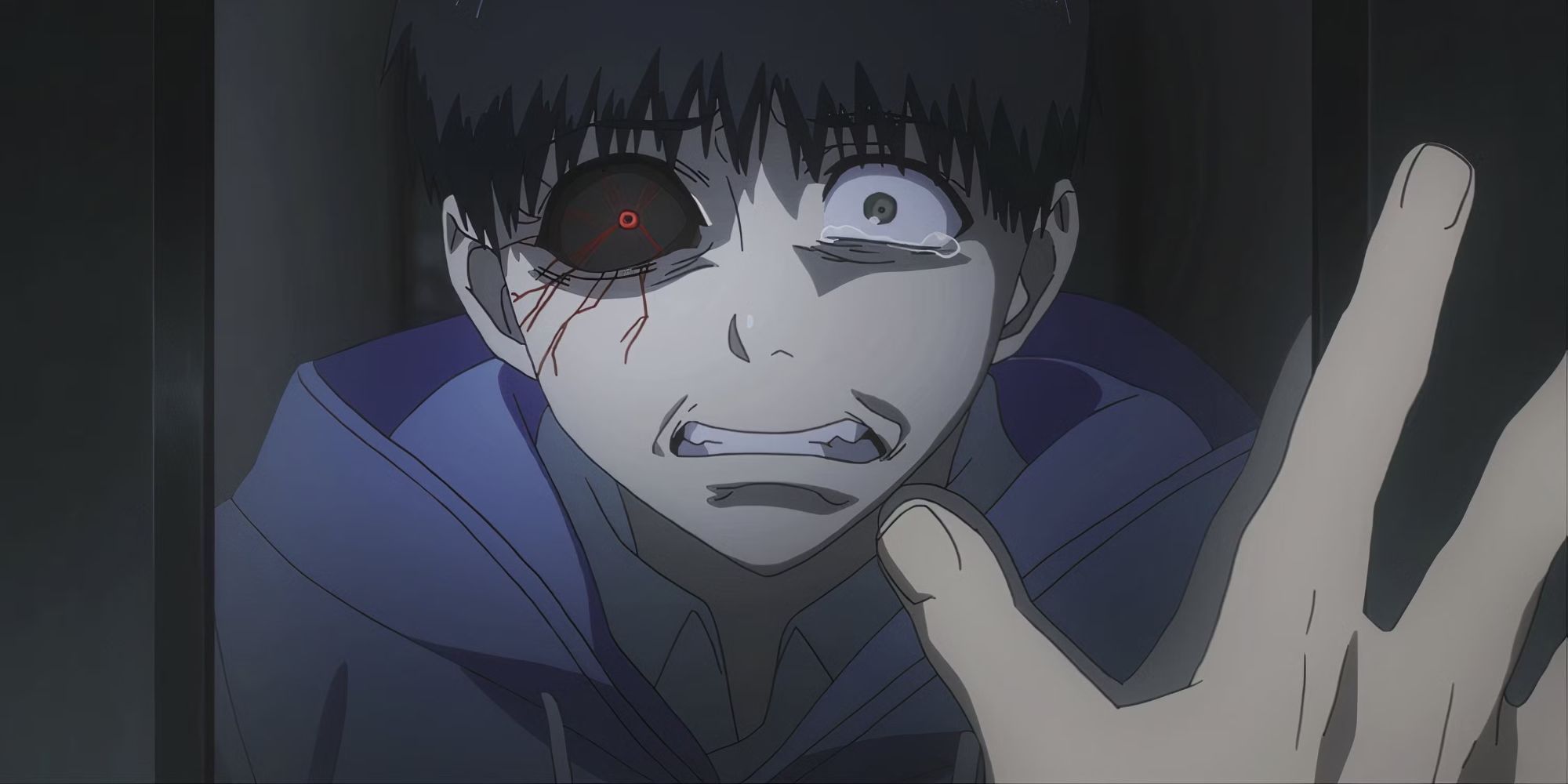 Kaneki with one black and red eye, crying in Tokyo Ghoul.
