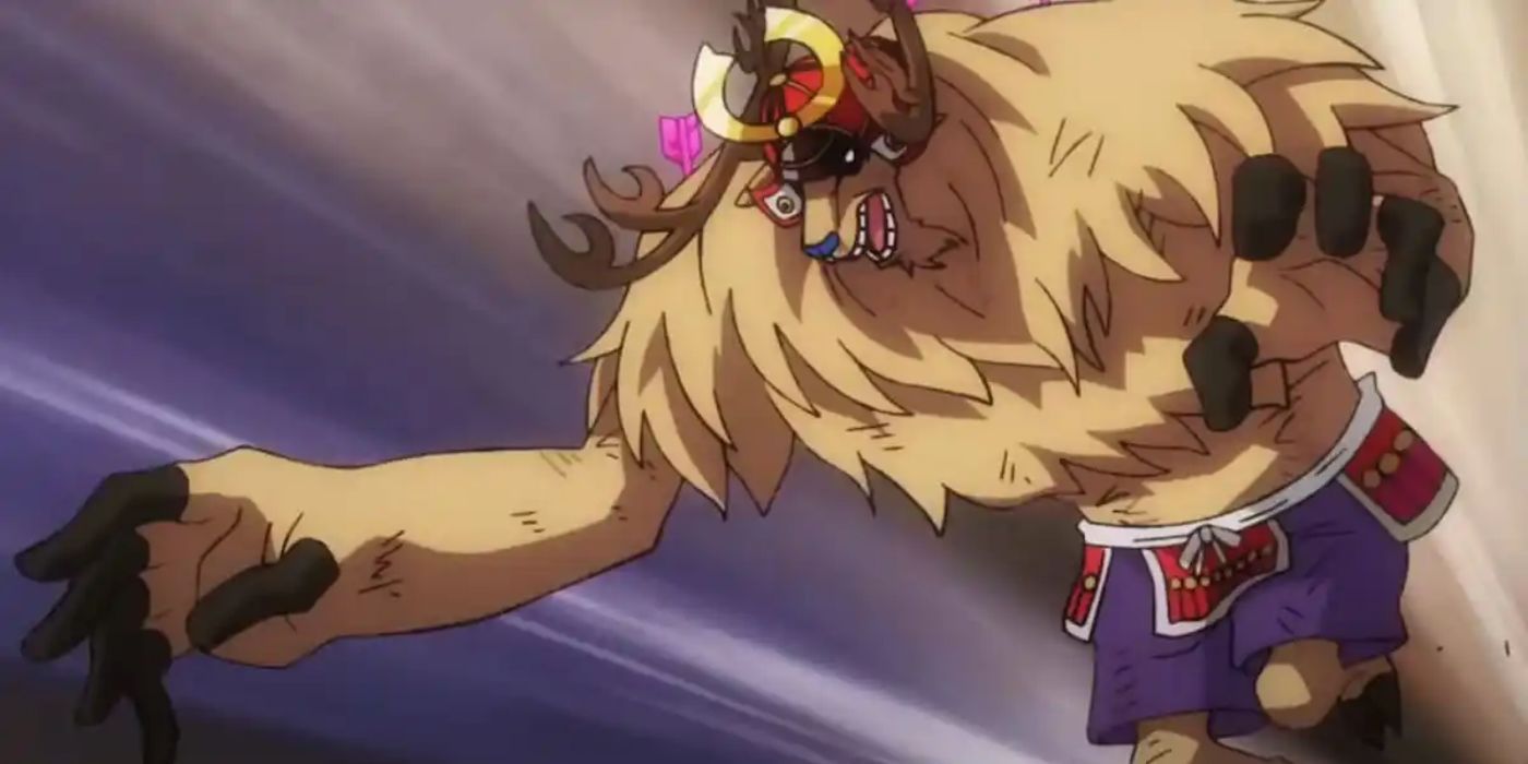 Giant monster deer with samurai helmet charging in One Piece