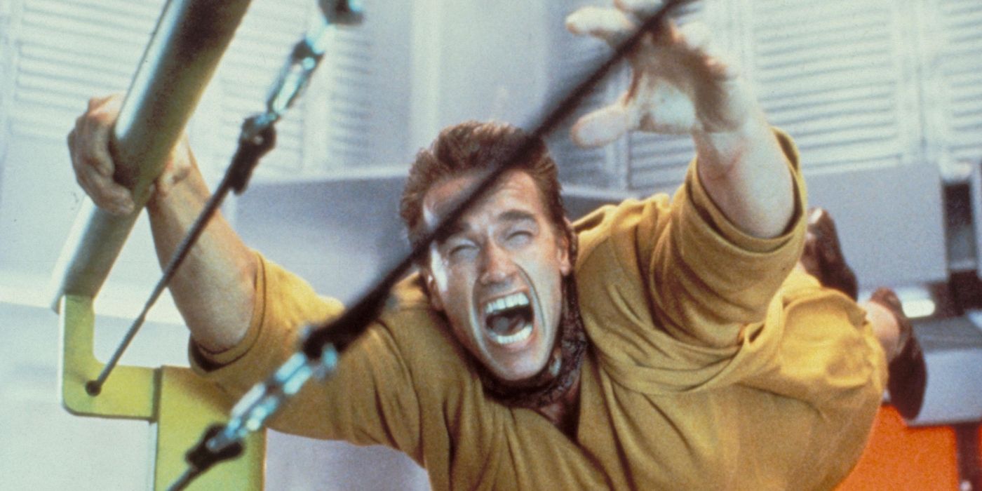 Arnold Schwarzenegger swinging through the air in 'Total Recall'