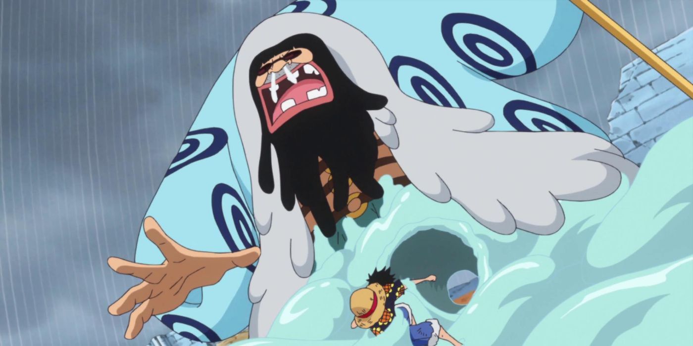 Luffy punching a hole in Trebol&rsquo;s goo body in One Piece