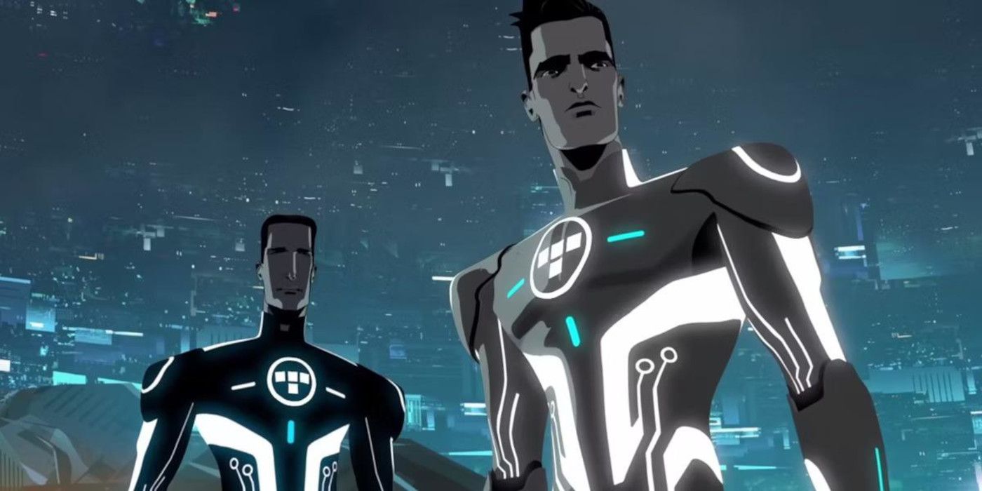 Two digital characters look off in the distance in Tron:Uprising.