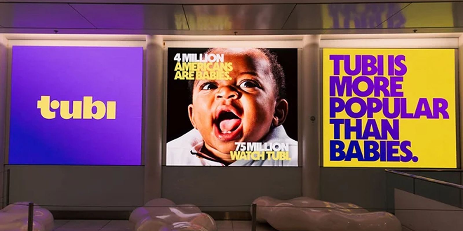Tubi ad that reads &ldquo;4 million Americans are babies. 75 million watch Tubi. Tubi is more popular than babies&rdquo;