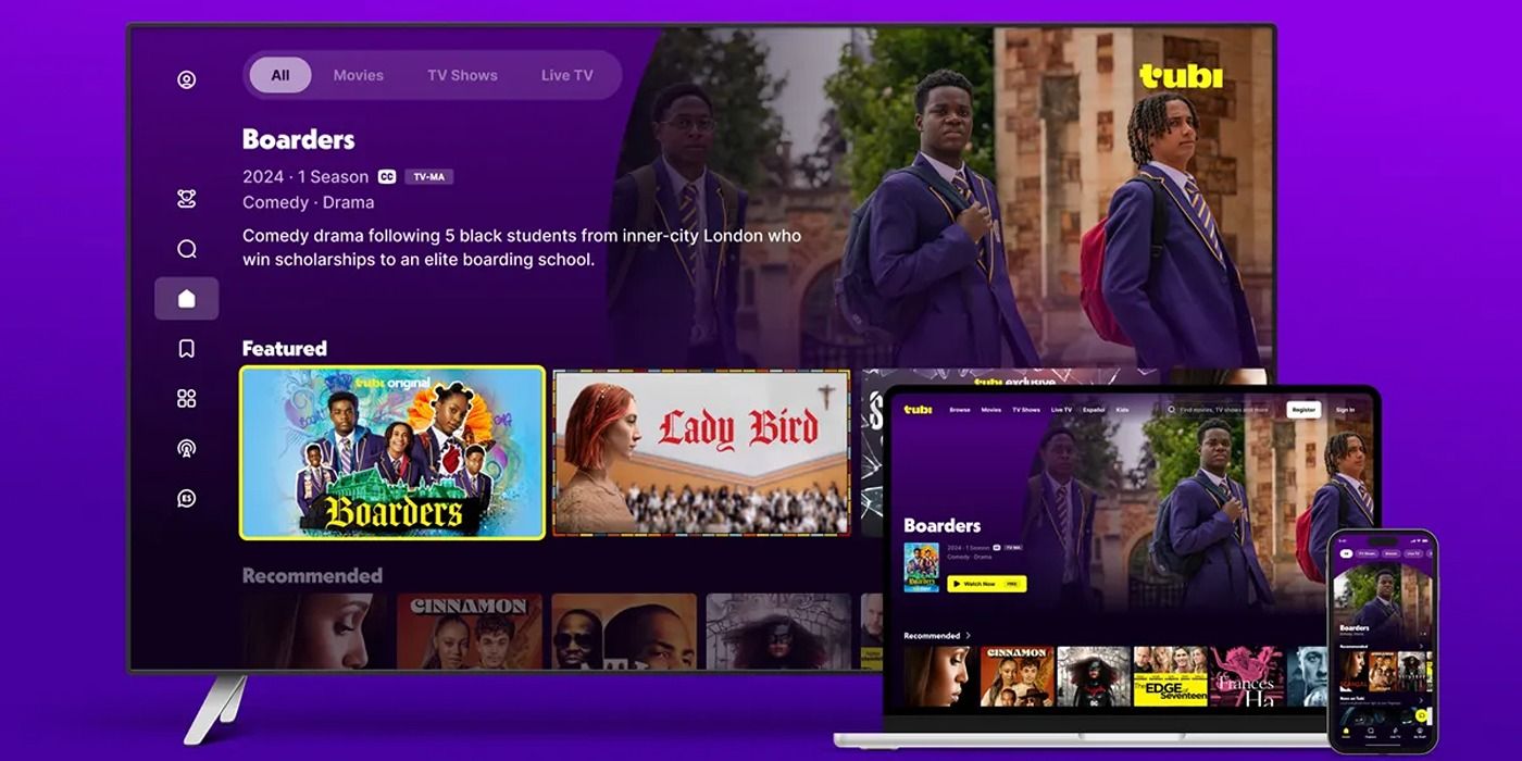 Graphic showing Tubi&rsquo;s homepage as it appears on a standard television, a laptop, and a smartphone.