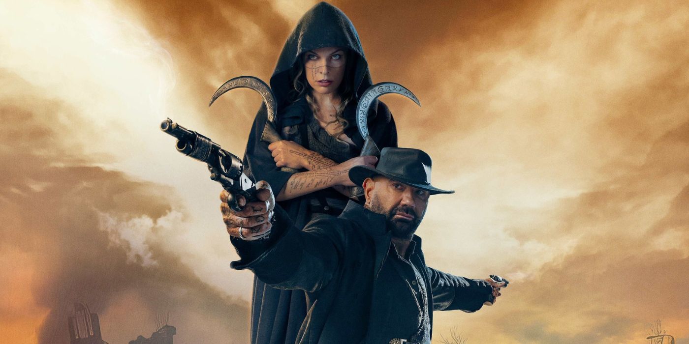 Milla Jovovich and Dave Bautista on a poster for In the Lost Lands.