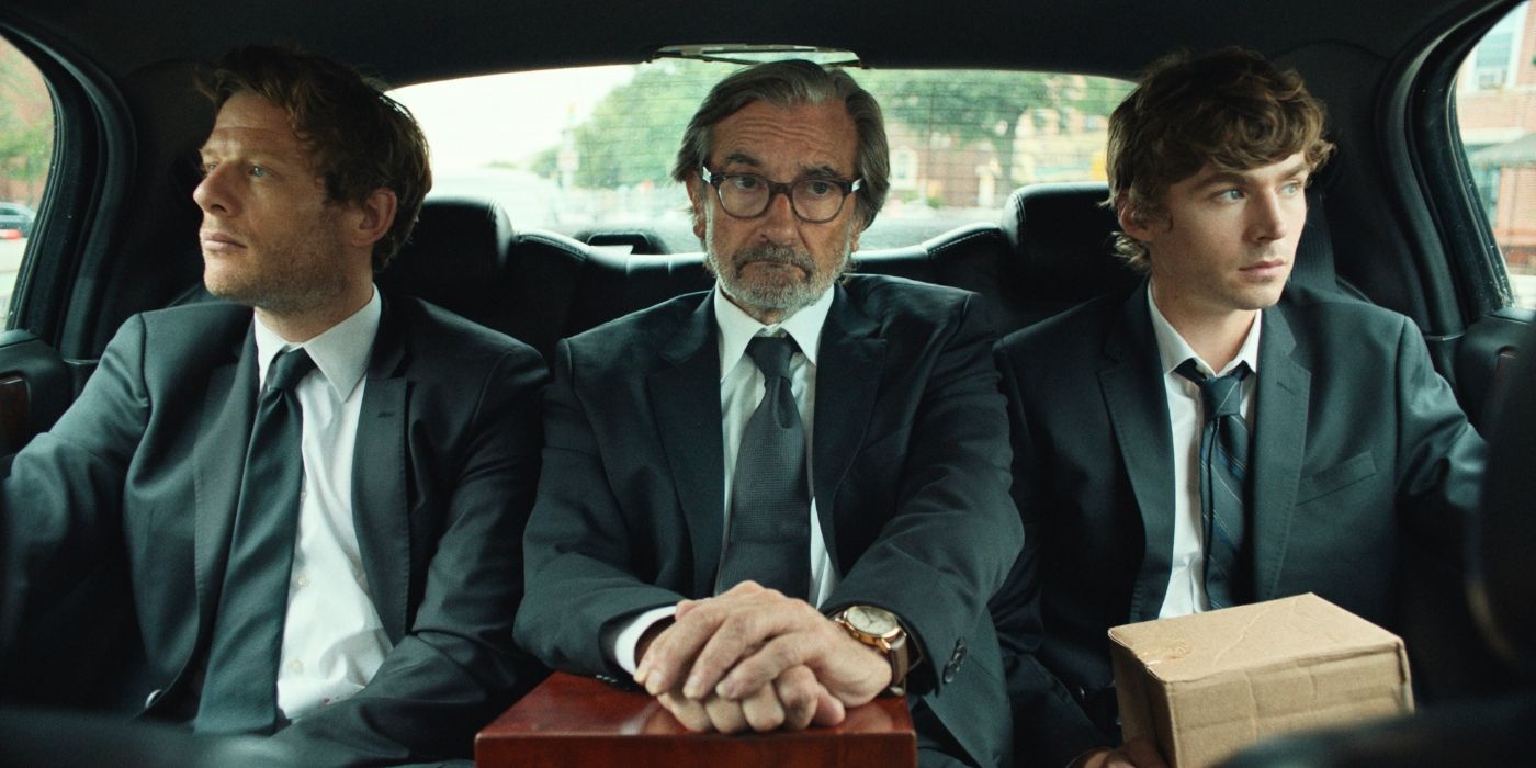 James Norton, Griffin Dunne, and Miles Heizer wear suits, sitting in the backseat of a car, in Ex-Husbands