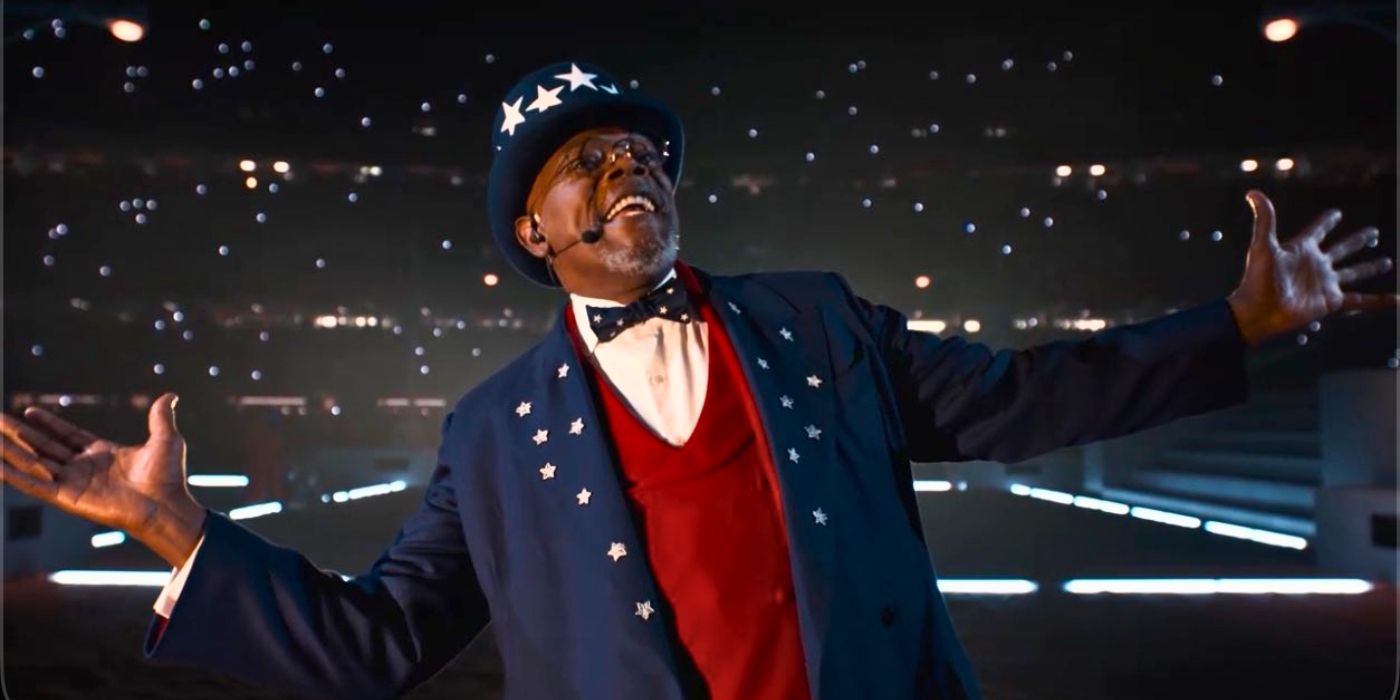 Samuel L. Jackson dressed as Uncle Sam at the Super Bowl Halftime Show