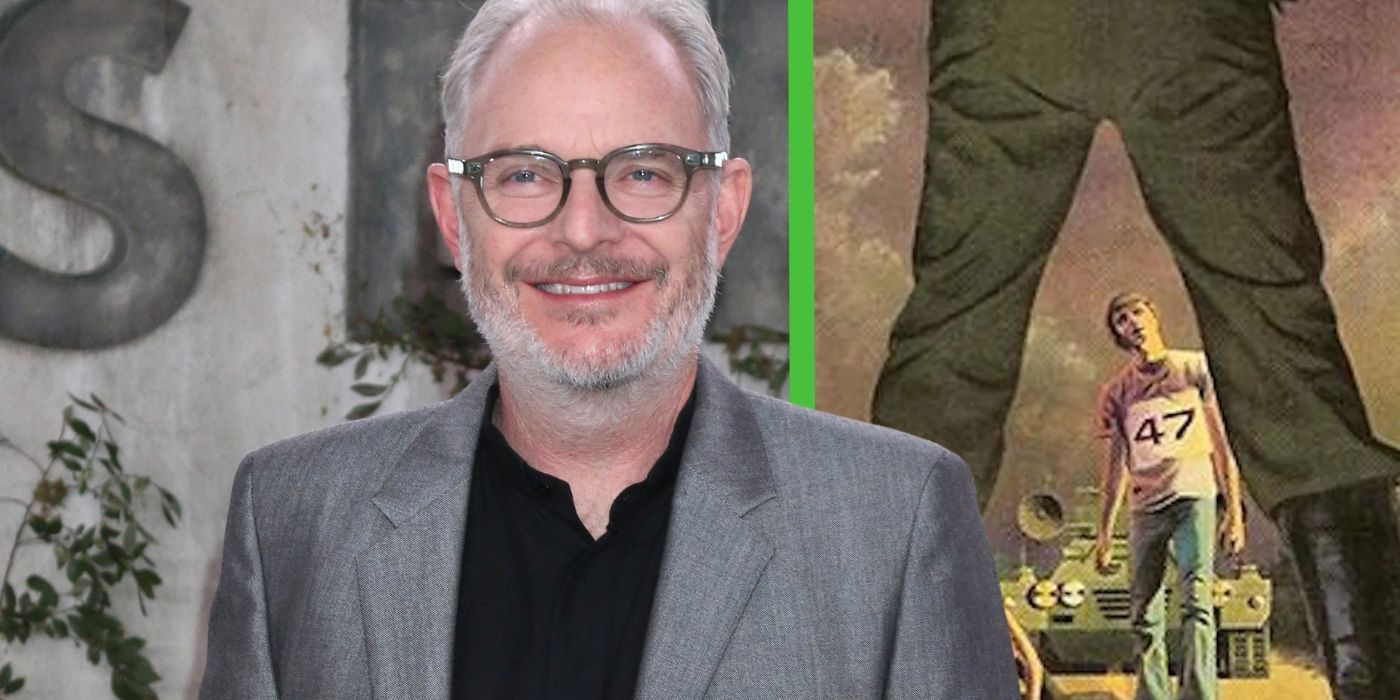 Francis Lawrence in front of an image of Stephen King's The Long Walk