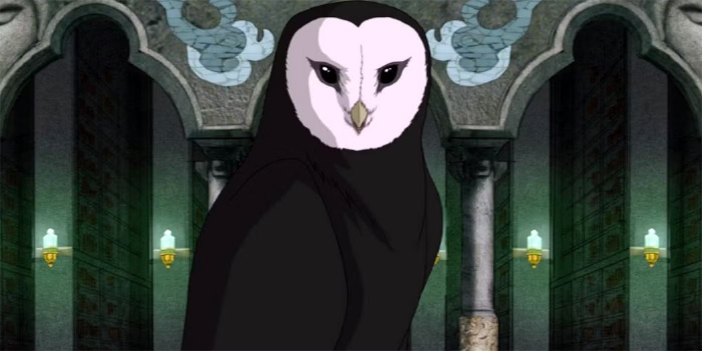 Wan Shi Tong the giant owl spirit with a black body and white face in Avatar: The Last Airbender.