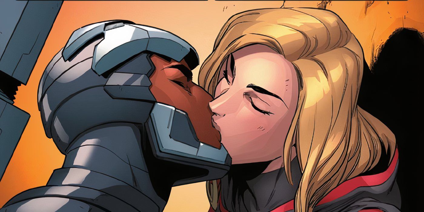 War Machine kissing Captain Marvel in Marvel Comics