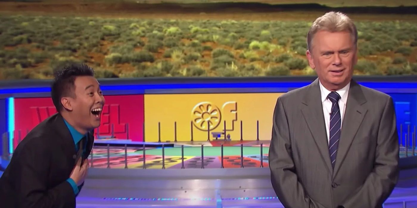 Contestant Emil de Leon is ecstatic and shocked and Pat Sajak is baffled on Wheel of Fortune.