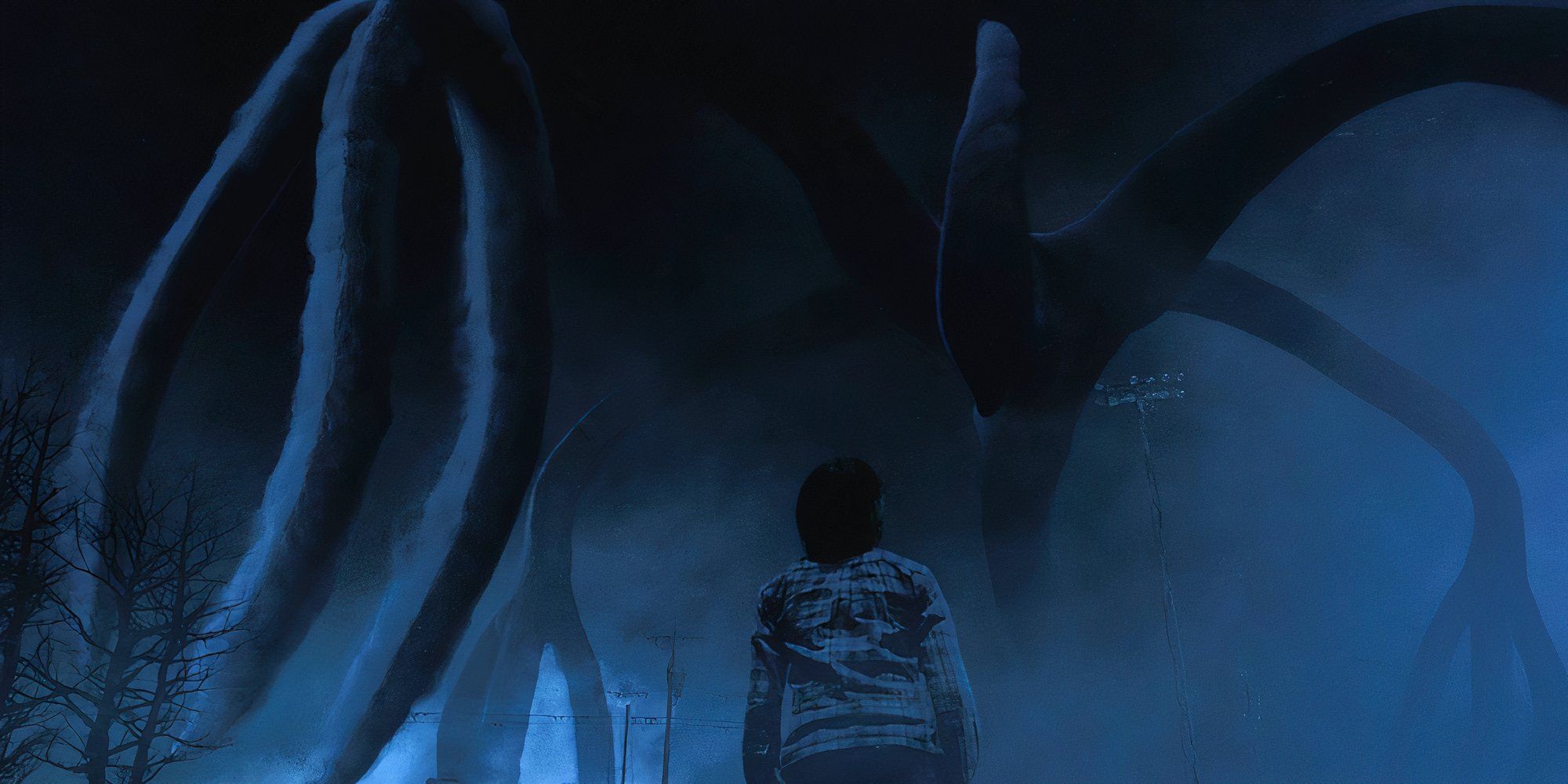 Will with his back turned to the camera looking at the huge Mind Flayer in front of him in Stranger Things