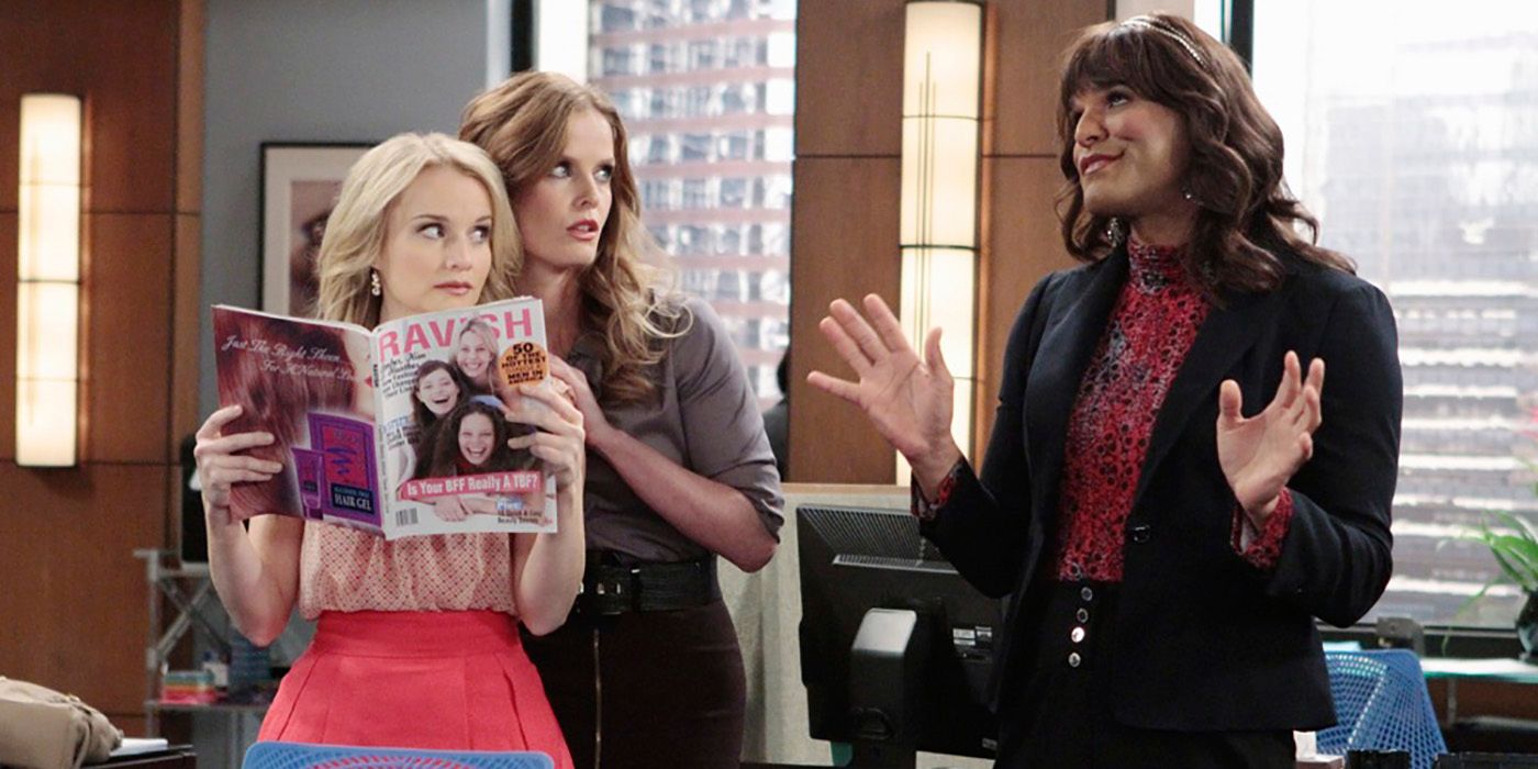 Two men dressed as women talking to another woman in an office in Work It.