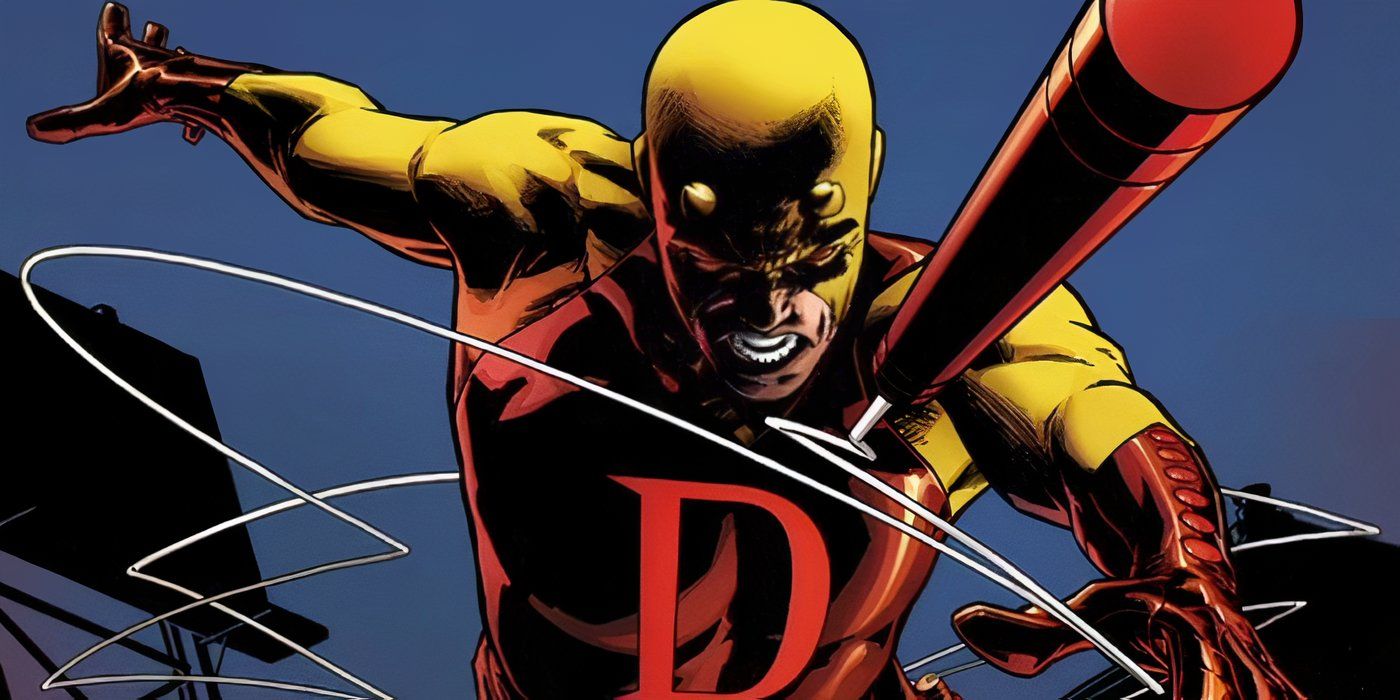 Daredevil in yellow and red throwing his bar in Marvel Comics.