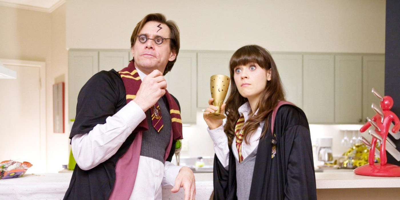 Jim Carrey & Zooey Deschanel in costumes from Harry Potter in Yes Man (2008)