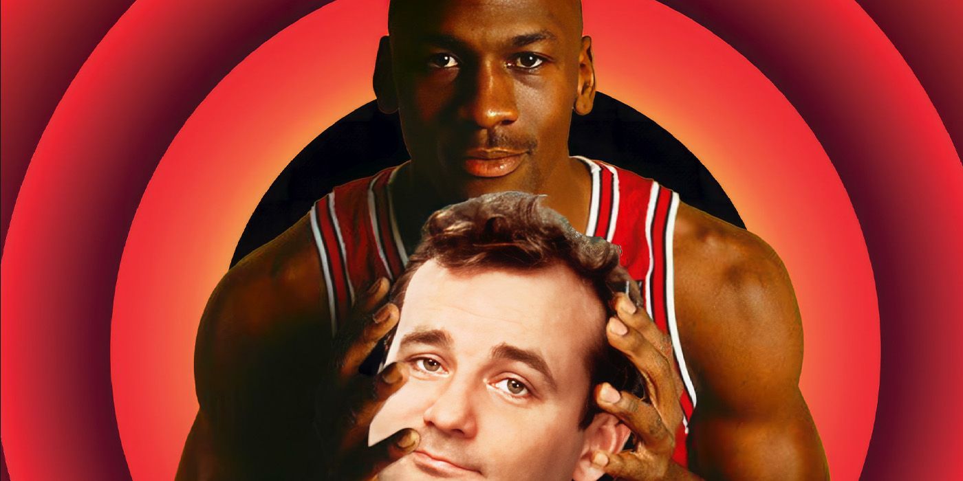 Basketball player and actor Michael Jordan in a jersey, holding Bill Murray's head like a ball.