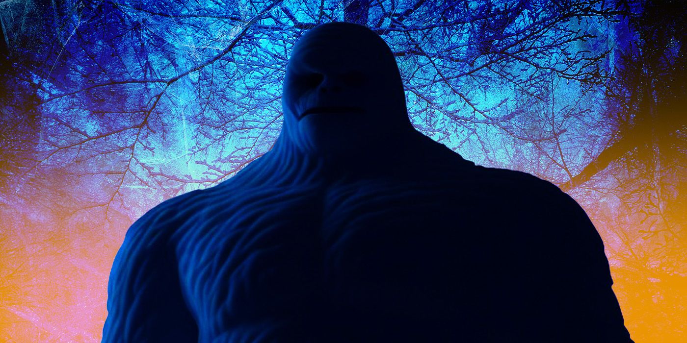 A large monster stands in the shadows in front of an eery forest at dusk.