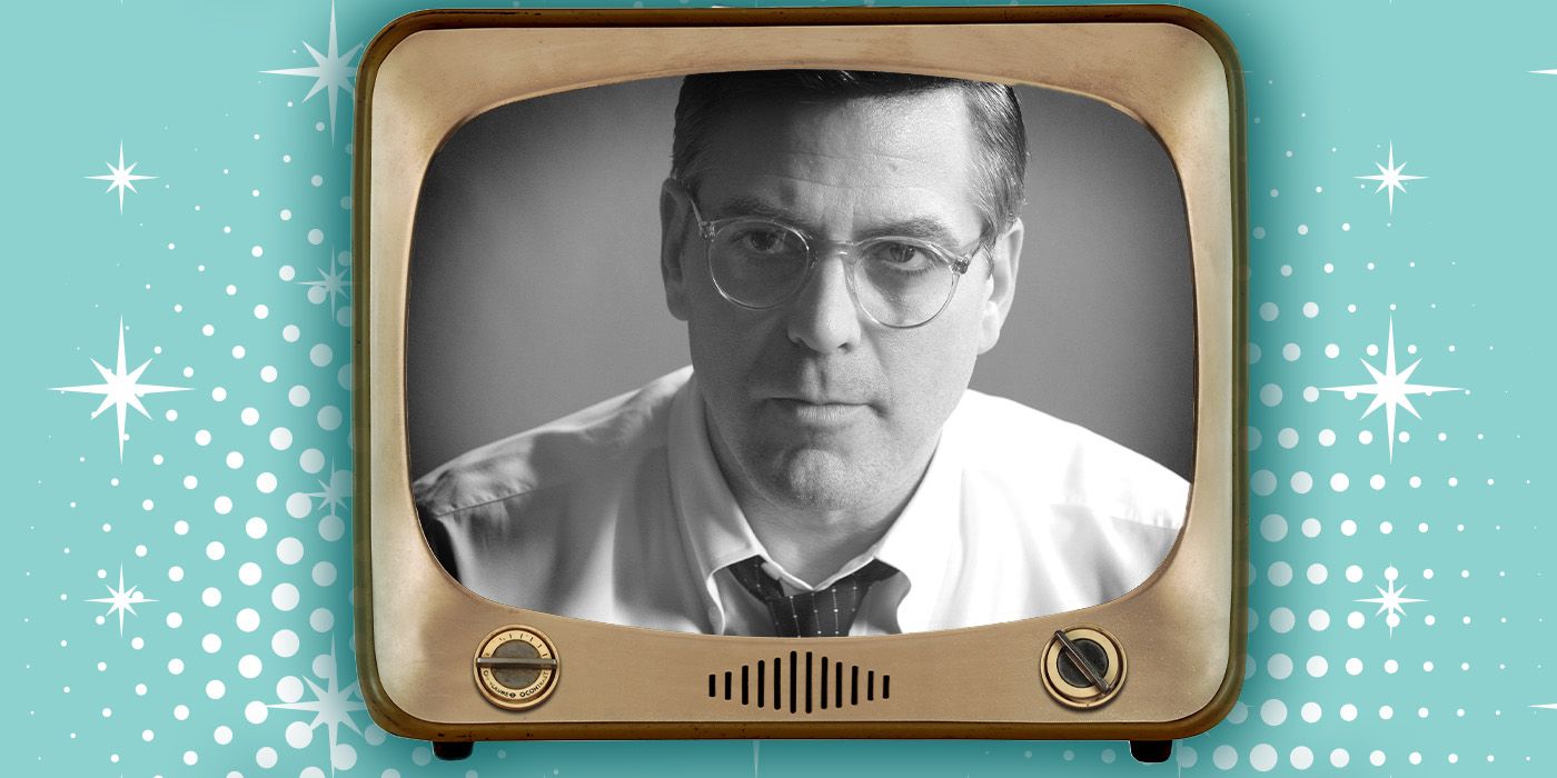 George Clooney in black and white on a TV screen on a starry blue background.