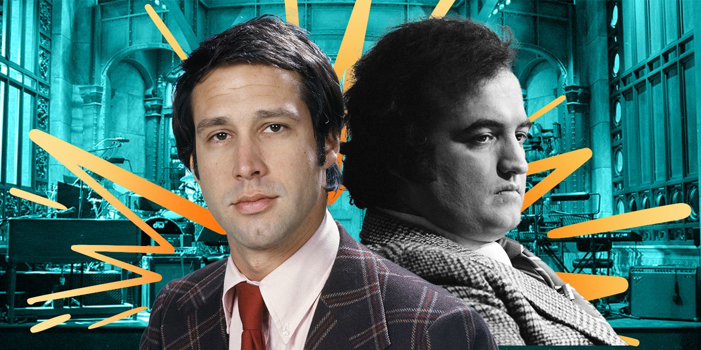 Comedians John Belushi and Chevy Chase against a black and white stage backdrop with an orange zig zag pattern.