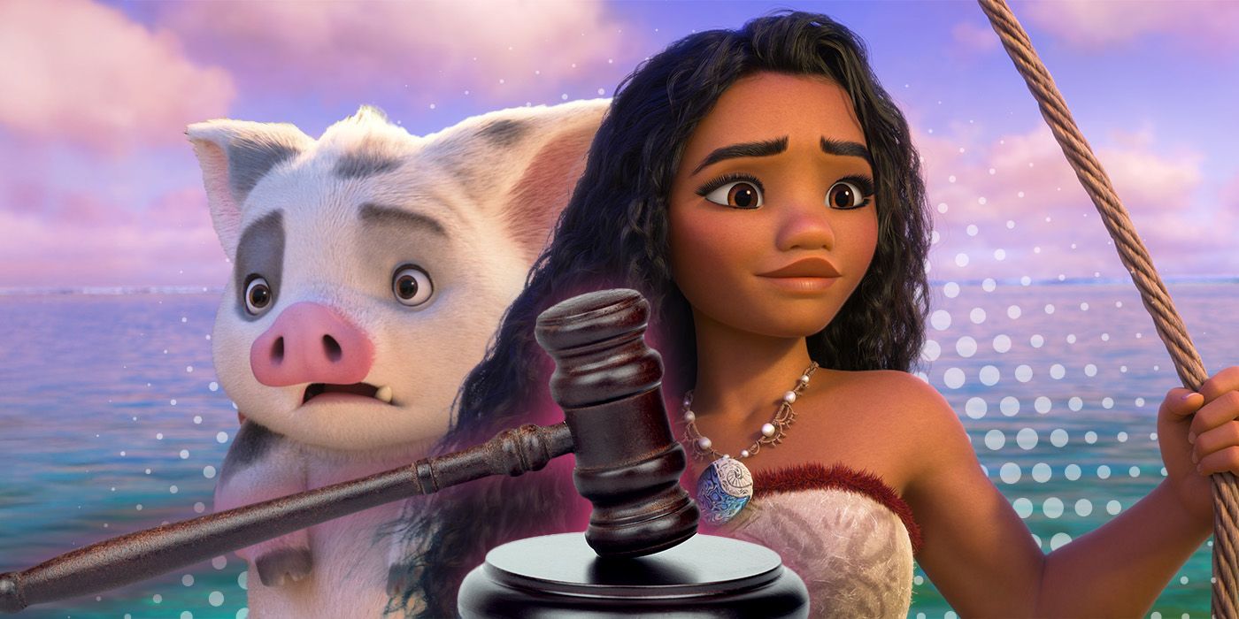 Moana stands on a boat on the ocean with Pua the pig next to her and a courtroom gavel in front of her.