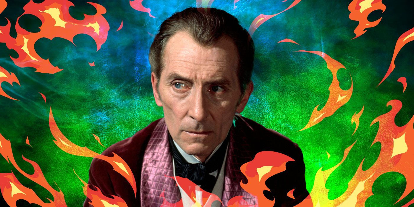 Peter Cushing as Victor Frankenstein, on a smokey blue and green background with flames leaping at the edges.