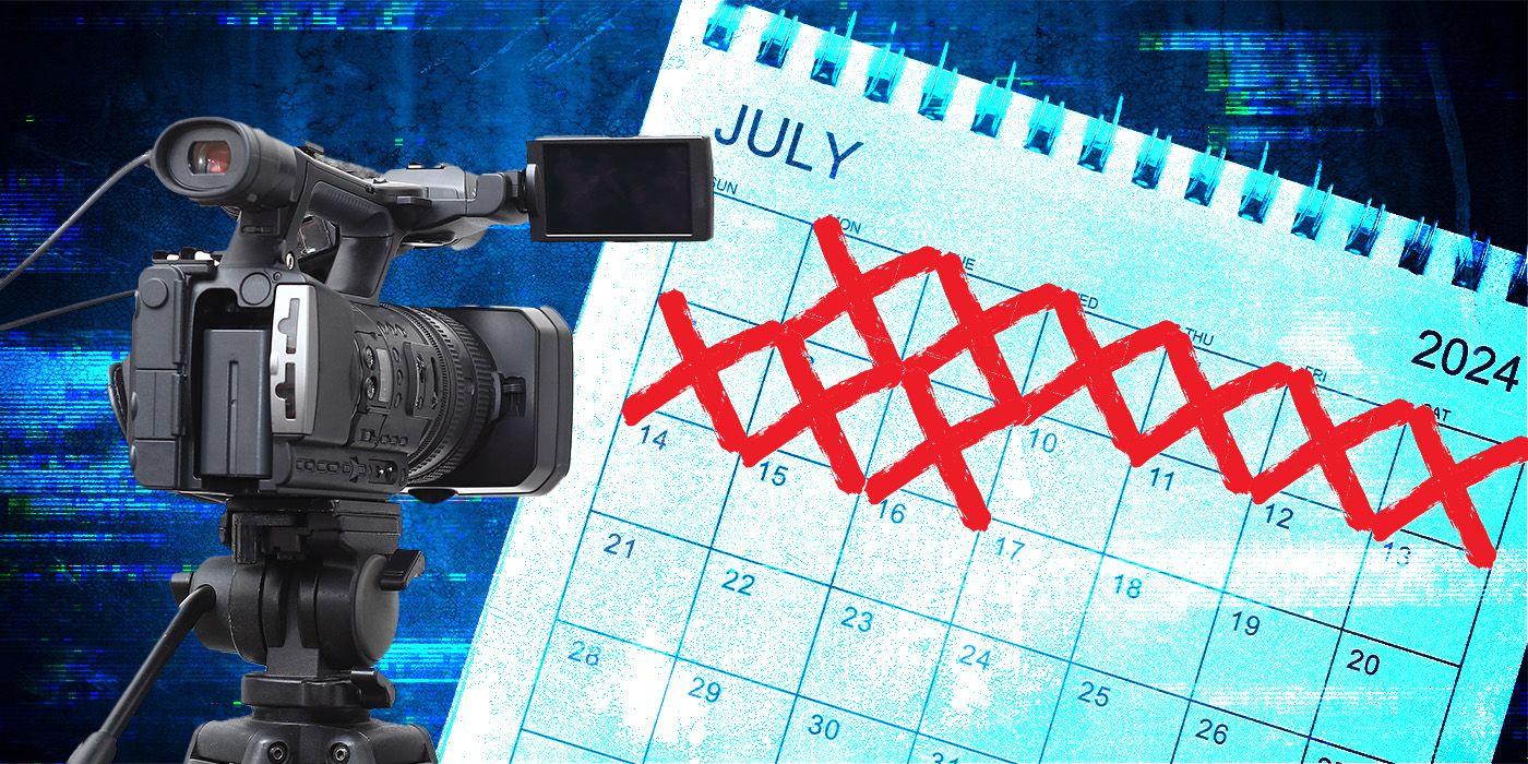 A movie camera mounted on a tripod in front of a calendar with nine consecutive days crossed off with red ink.