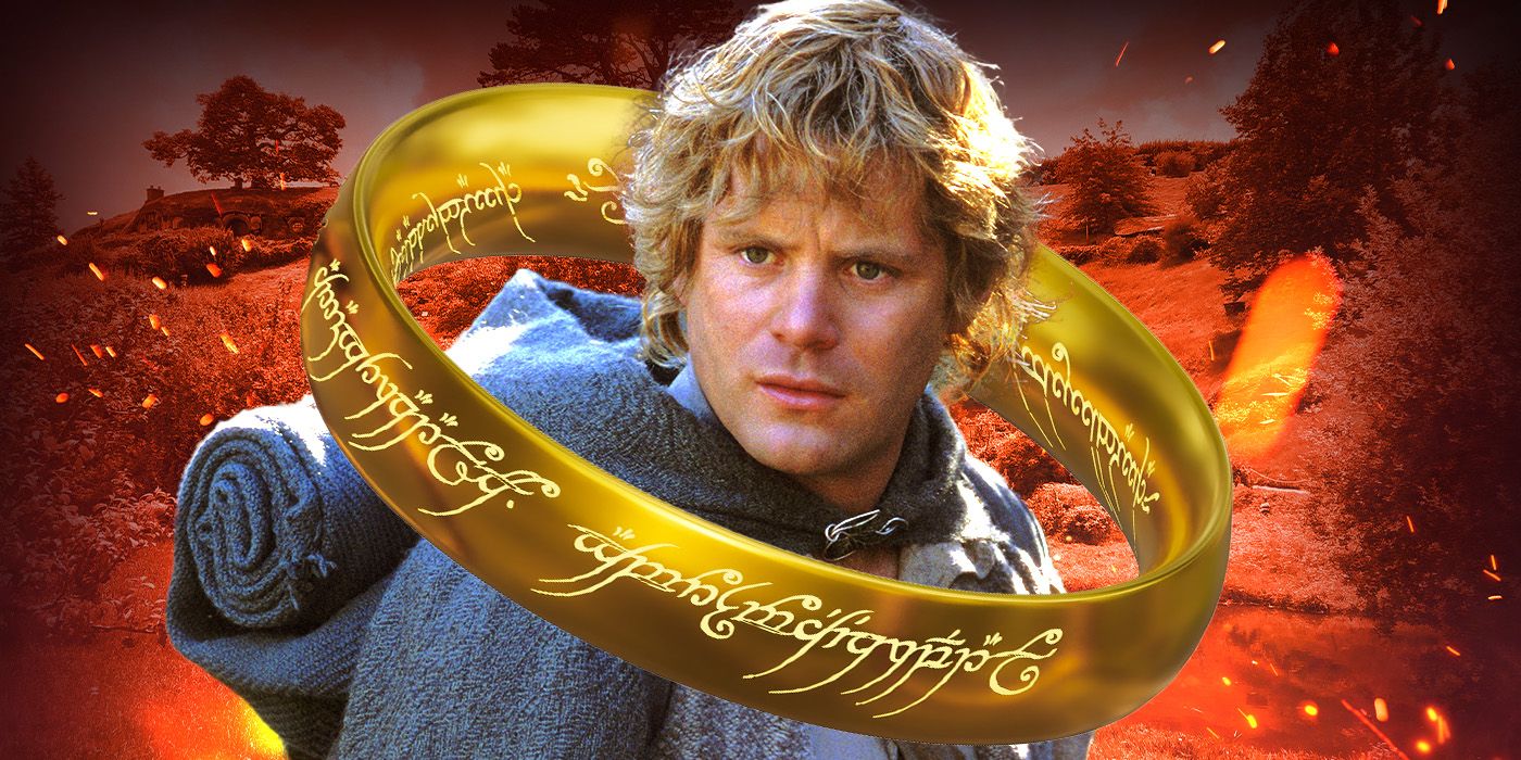 Actor Sean Astin as Sam in Lord of the Rings, looking intense in front of a red countryside background with the One Ring encircling him.