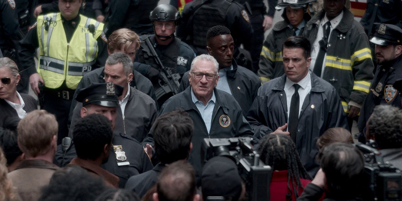 Robert De Niro giving a speech to the masses in a scene from Zero Day
