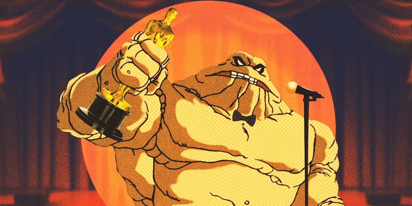 Blended image showing Clayface holding an Oscar