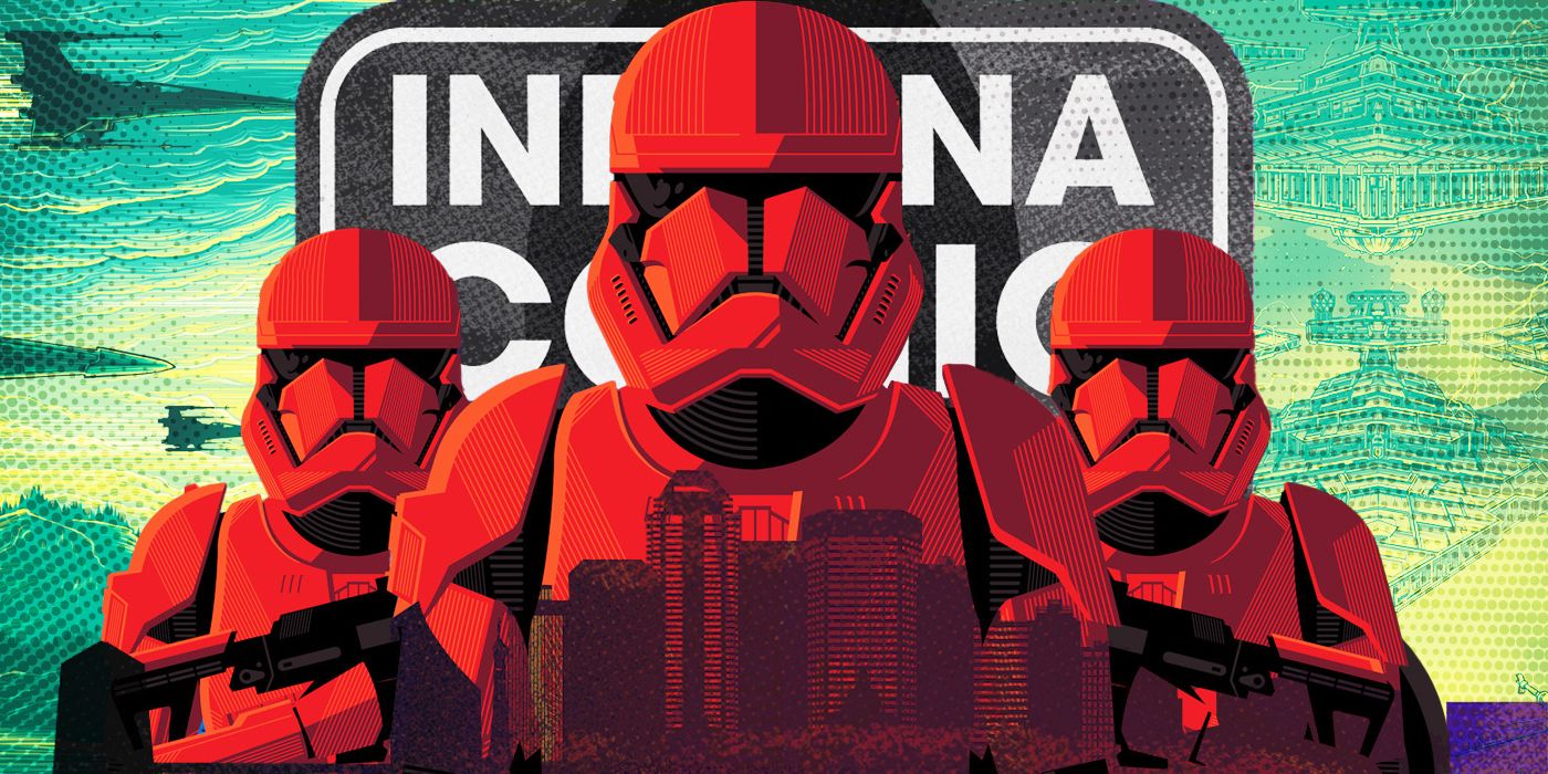 Blended image showing Storm Troopers with the logo for Indiana Comic Con