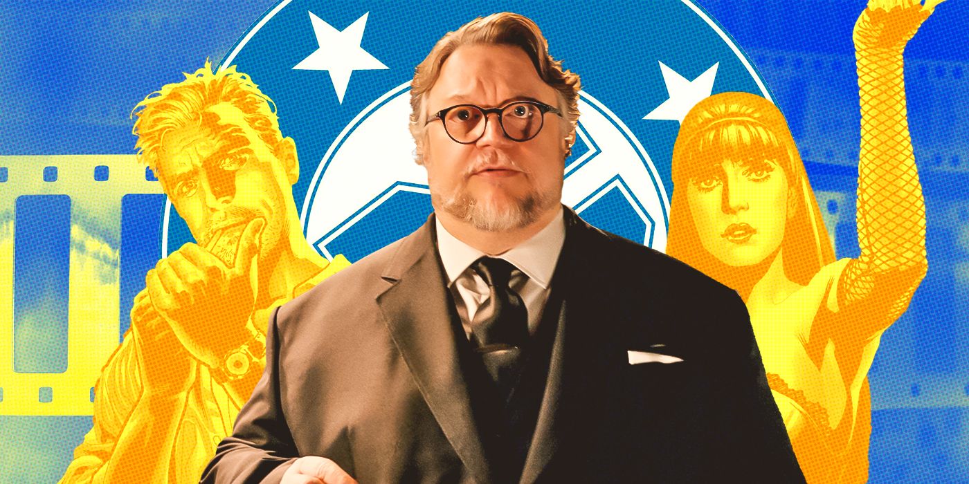 Blended image showing DC characters and the DC logo with Guillermo del Toro