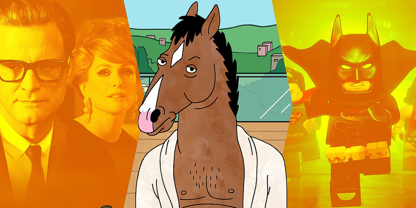 BoJack Horseman surrounded by scenes from A Single Man and The LEGO Batman Movie.