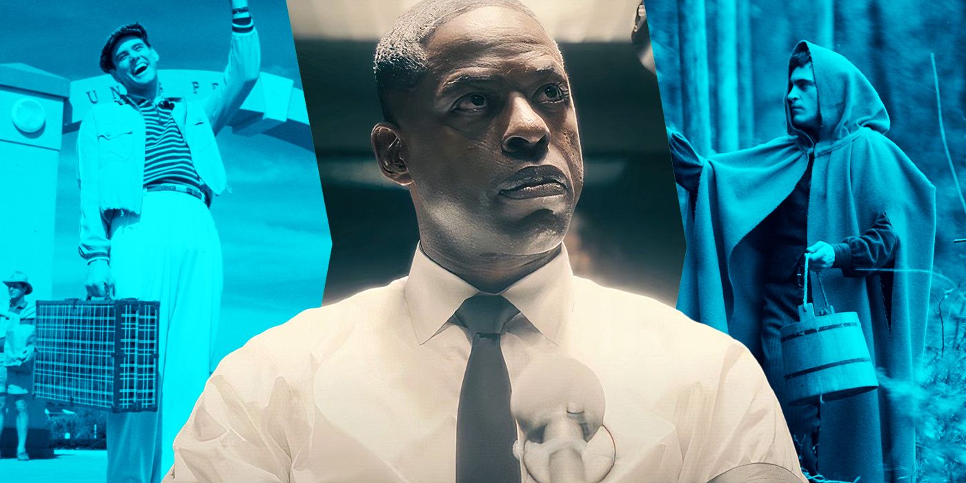 Sterling K. Brown in 'Paradise' with scenes from 'The Truman Show' and 'The Village' on either side of him.