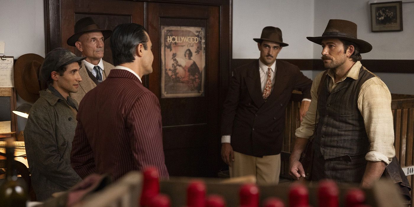 Luca (Andy Dispensa) introduces Spencer Dutton (Brandon Sklenar) to his cousin Sal Maceo (Gilles Marini) on &lsquo;1923&rsquo;
