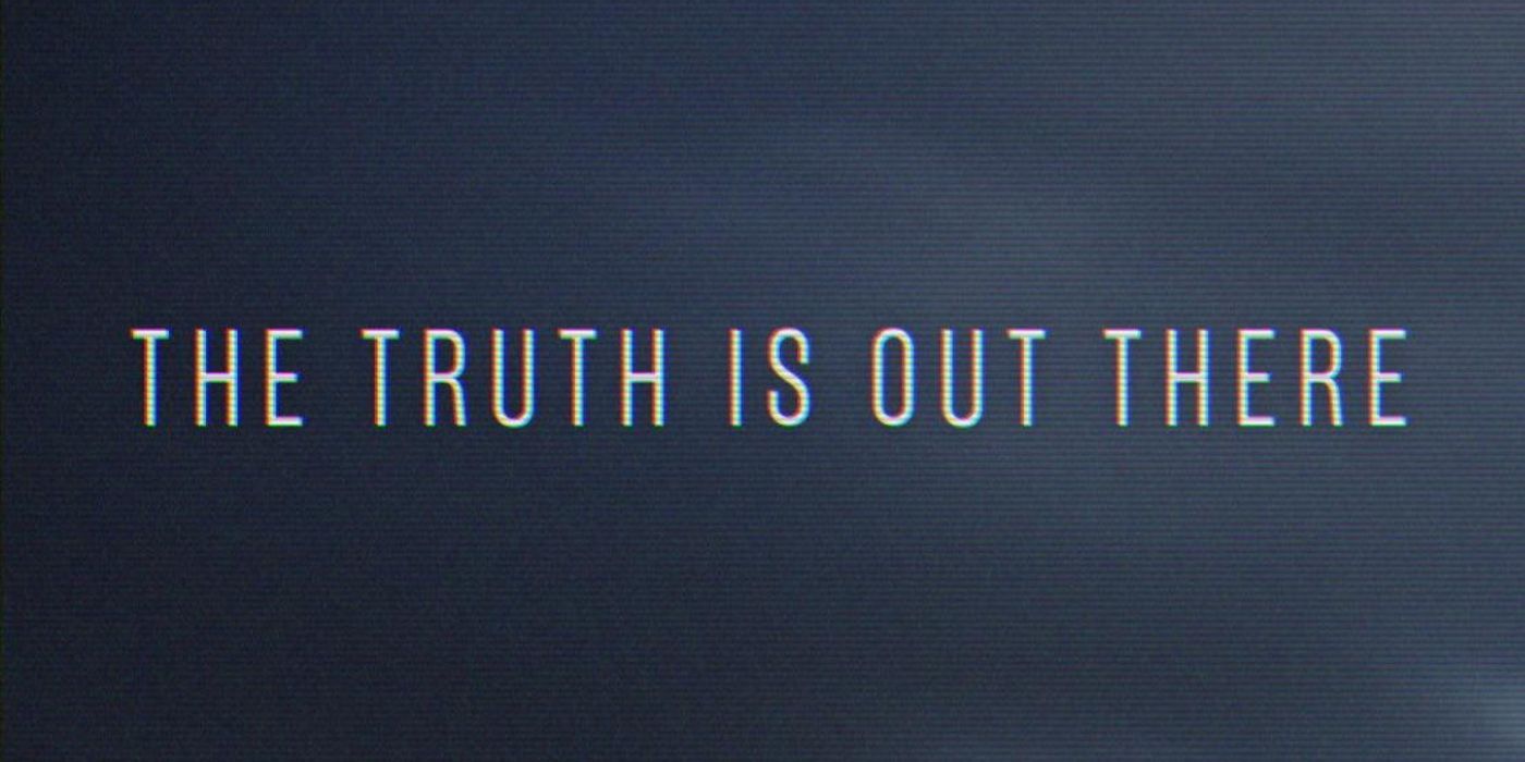 A title card from The X-Files TV series with a plain background and text reading &ldquo;The truth is out there.&quot;