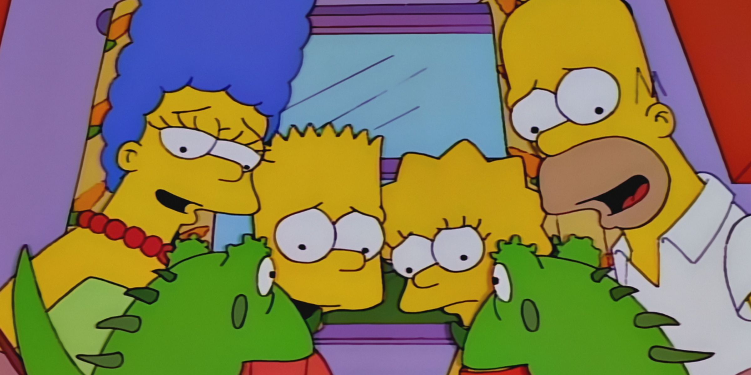The Simpsons family in the car looking at creatures