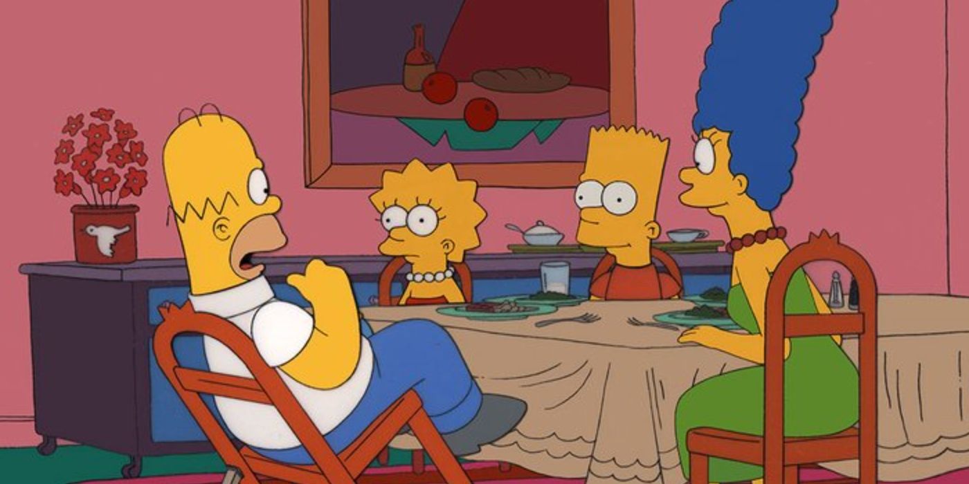 The Simpsons family sitting around the kitchen table.