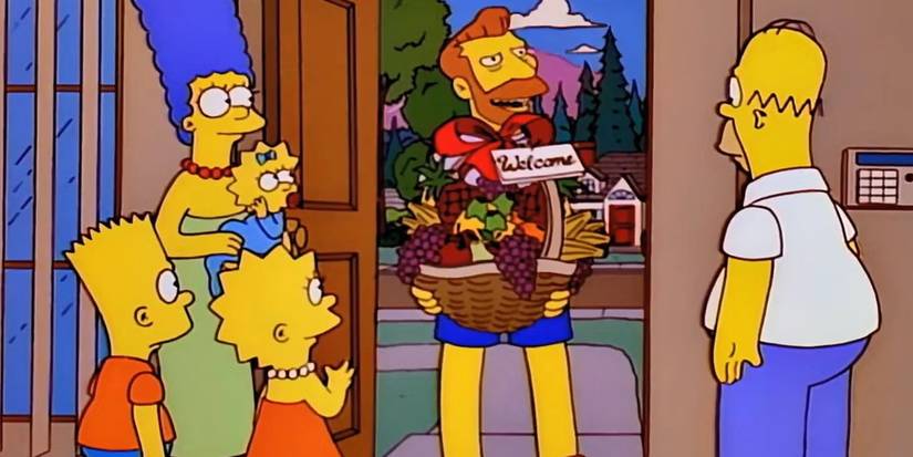 A person with a large gift basket at the front door as the Simpsons look on in The Simpsons You Only Move Twice.