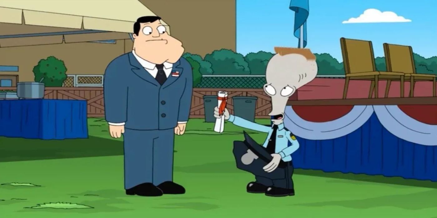 Stan and Roger outside at an event in American Dad Season 6, Episode 14 &ldquo;Cops and Roger&rdquo;.