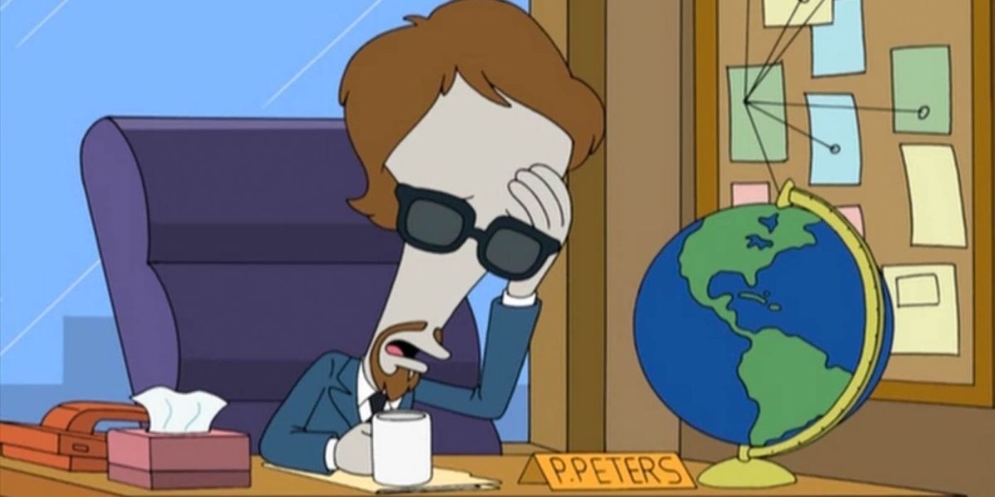 Roger in American Dad sits at a desk with the name plate &ldquo;P. Peters&rdquo; looking stressed in &ldquo;Office Spaceman&rdquo;.