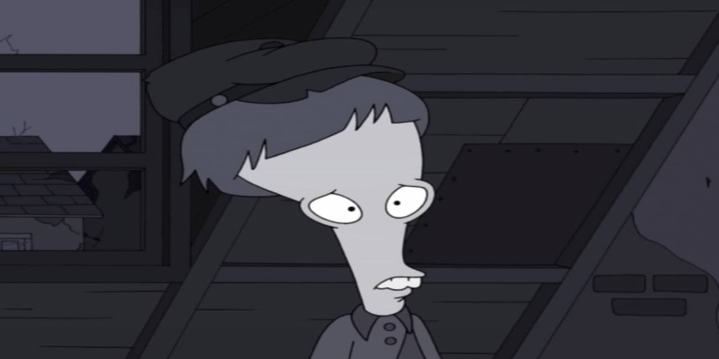Roger in black and white looking sad in American Dad Season 4, Episode 10 &ldquo;Tearjerker&rdquo;.