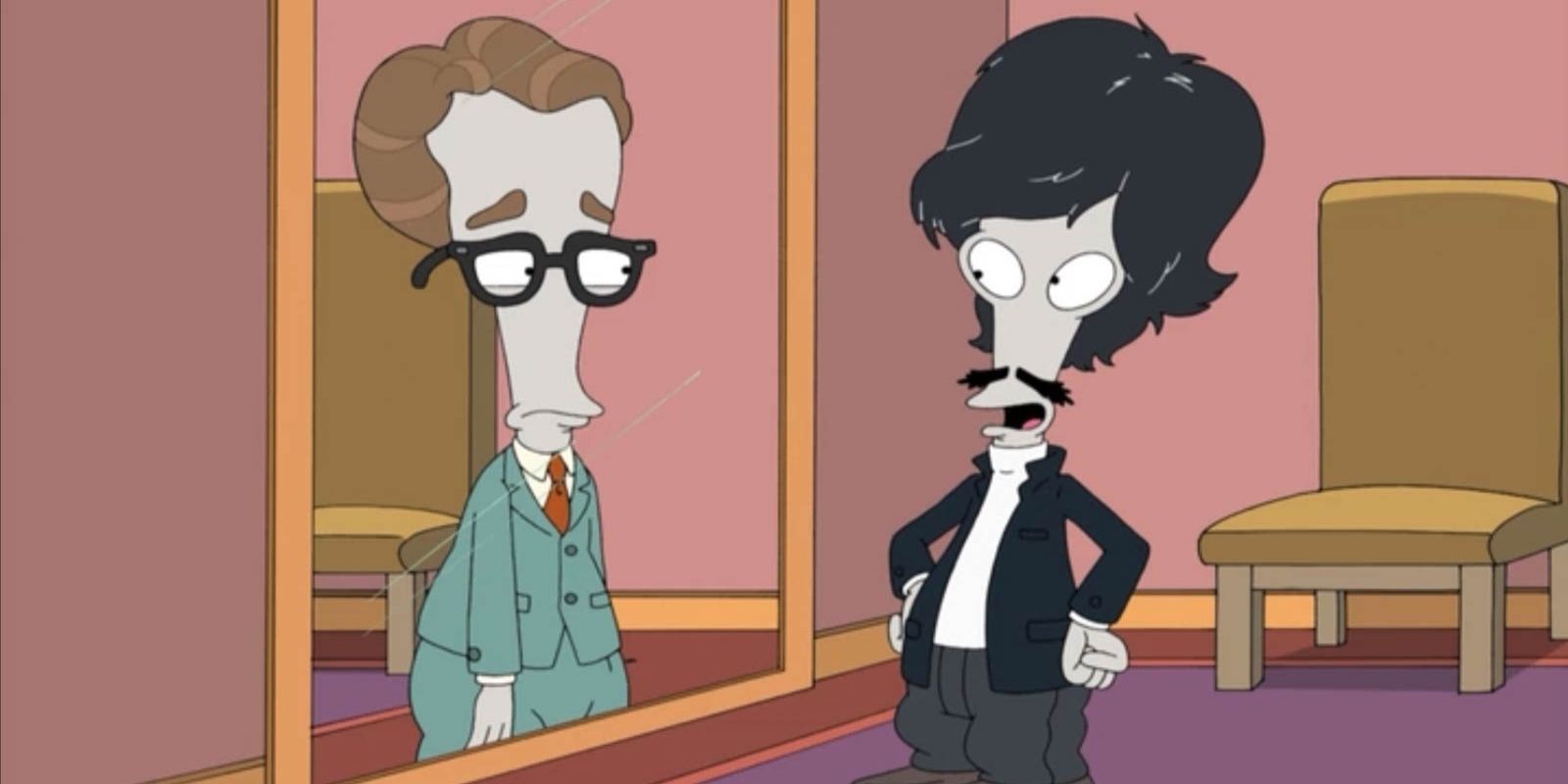 Two versions of Roger reflect in a mirror in American Dad Season 5, Episode 2 &ldquo;The One That Got Away&rdquo;.