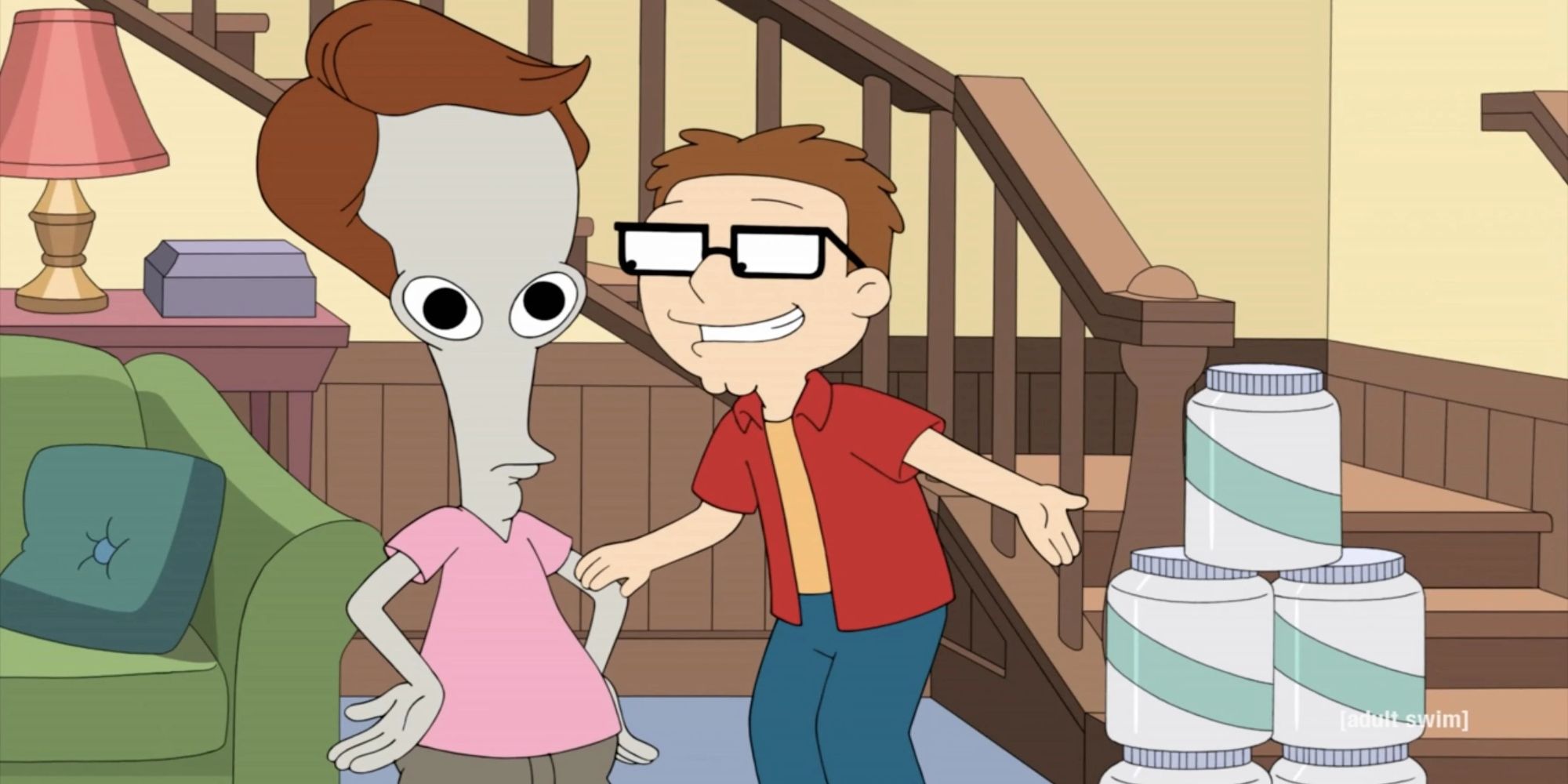 Roger and Steve in a living room with a stack of jars in American Dad Season 10 Episode 9 &ldquo;Vision: Impossible&rdquo;