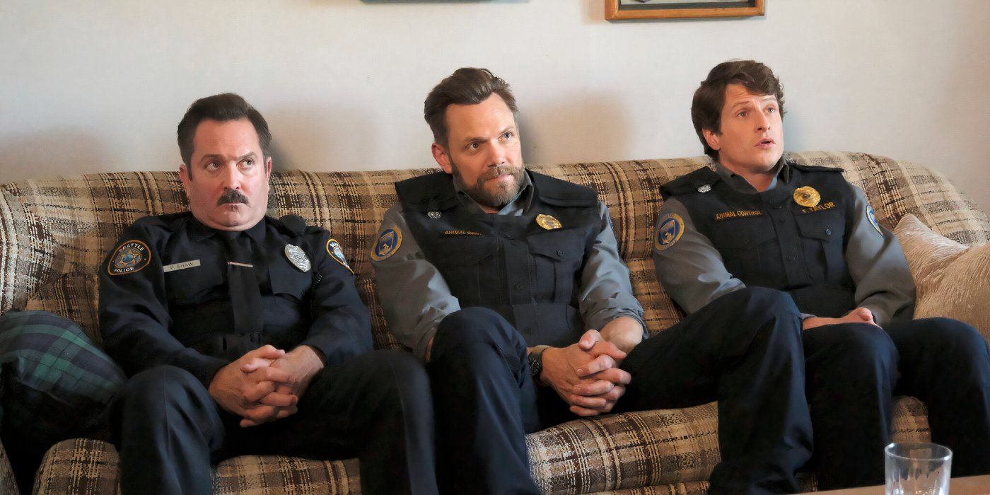 Thomas Lennon, Joel McHale, and Michael Rowland sitting on a couch in Animal Control Season 3