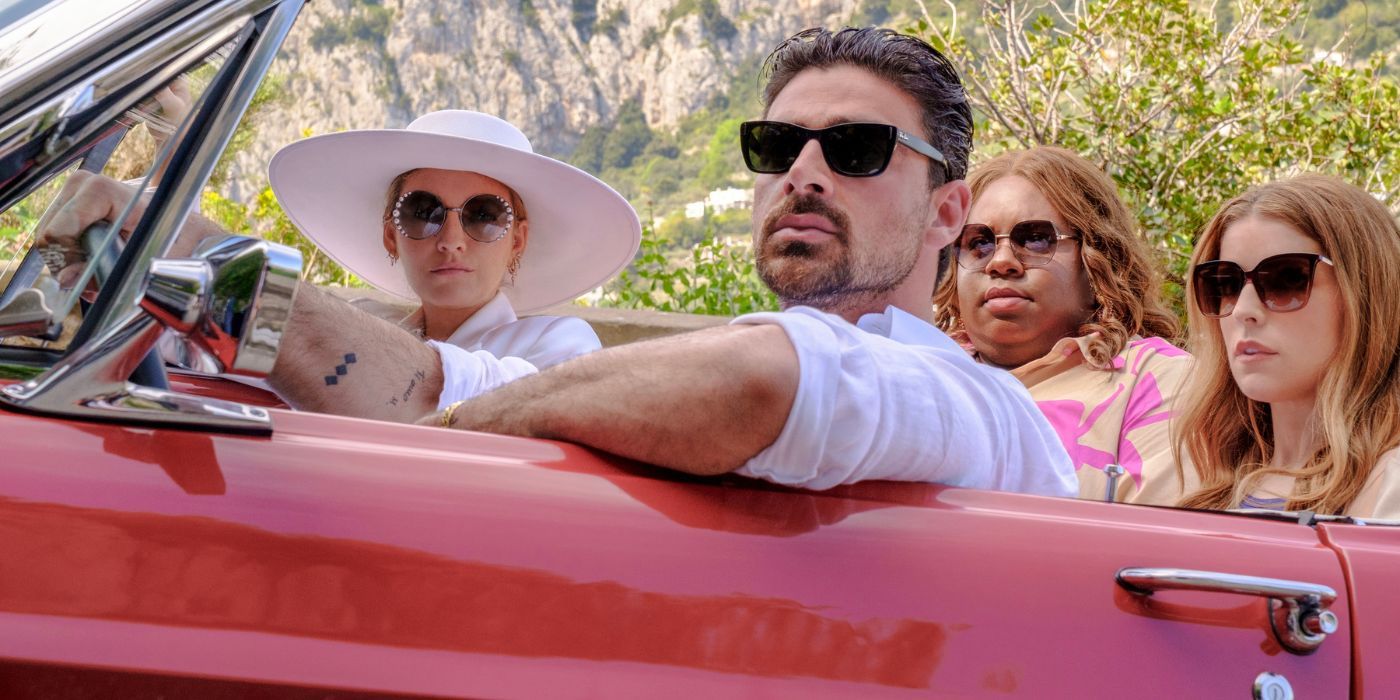 Blake Lively, Michele Morrone, Alex Newell, and Anna Kendrick riding in a red corvette in Another Simple Favor.