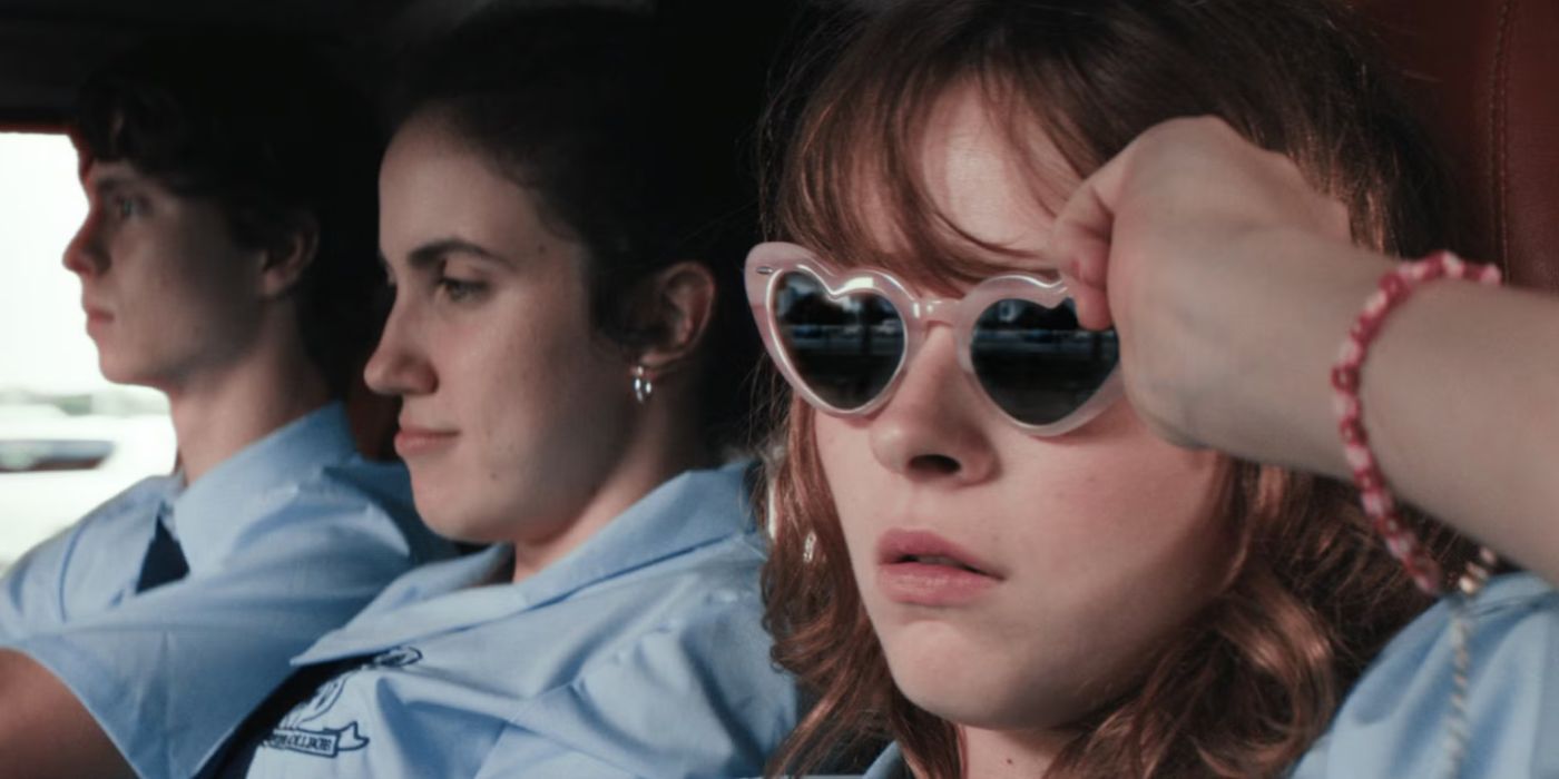Josephine Blazier as Audrey, Hannah Diviney as Norah and Fraser Anderson as Max in the car in Audrey.