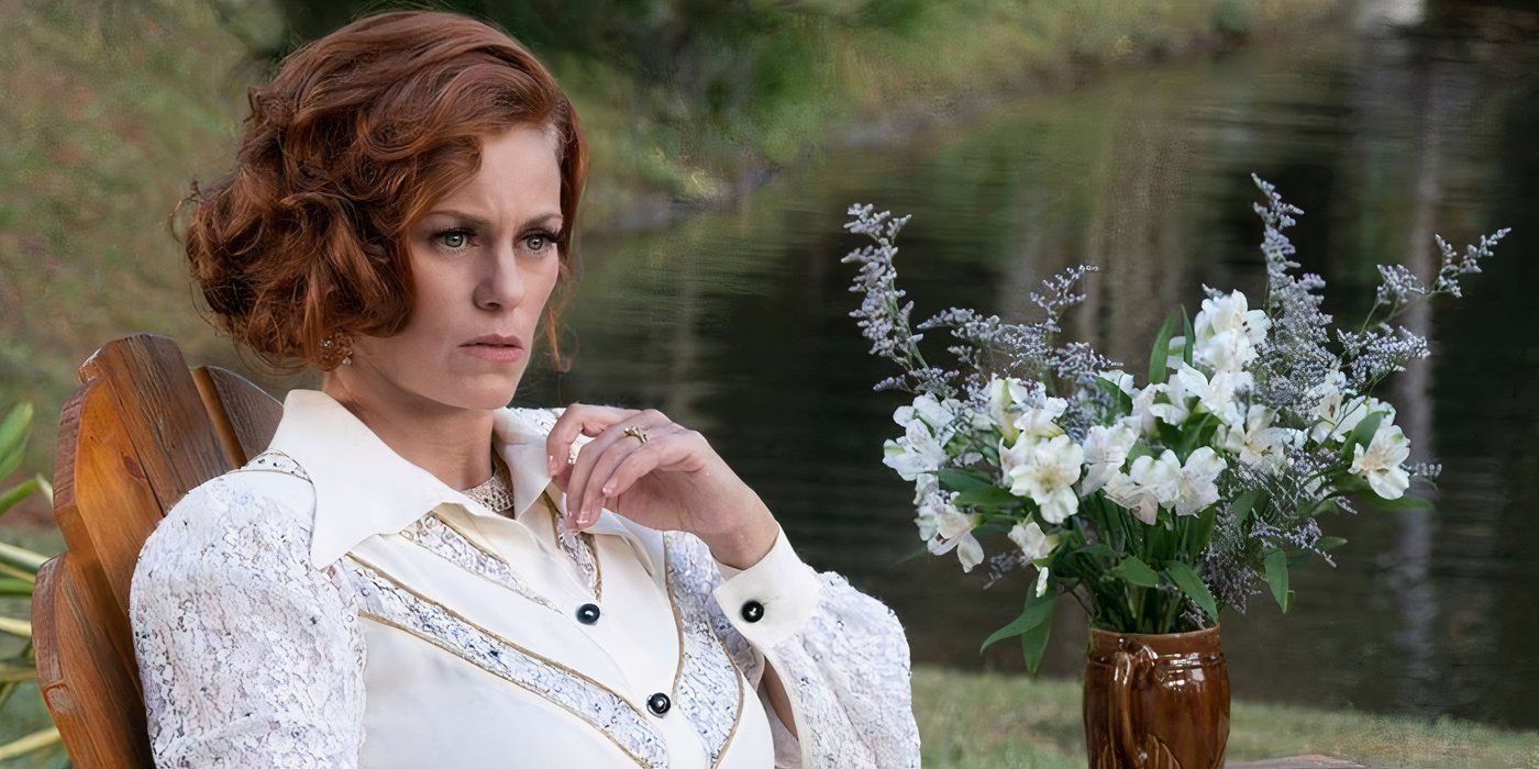 Cassidy Freeman as Amber Gemstone sits outside dressed in white looking slightly suprised in Righteous Gemstone.  